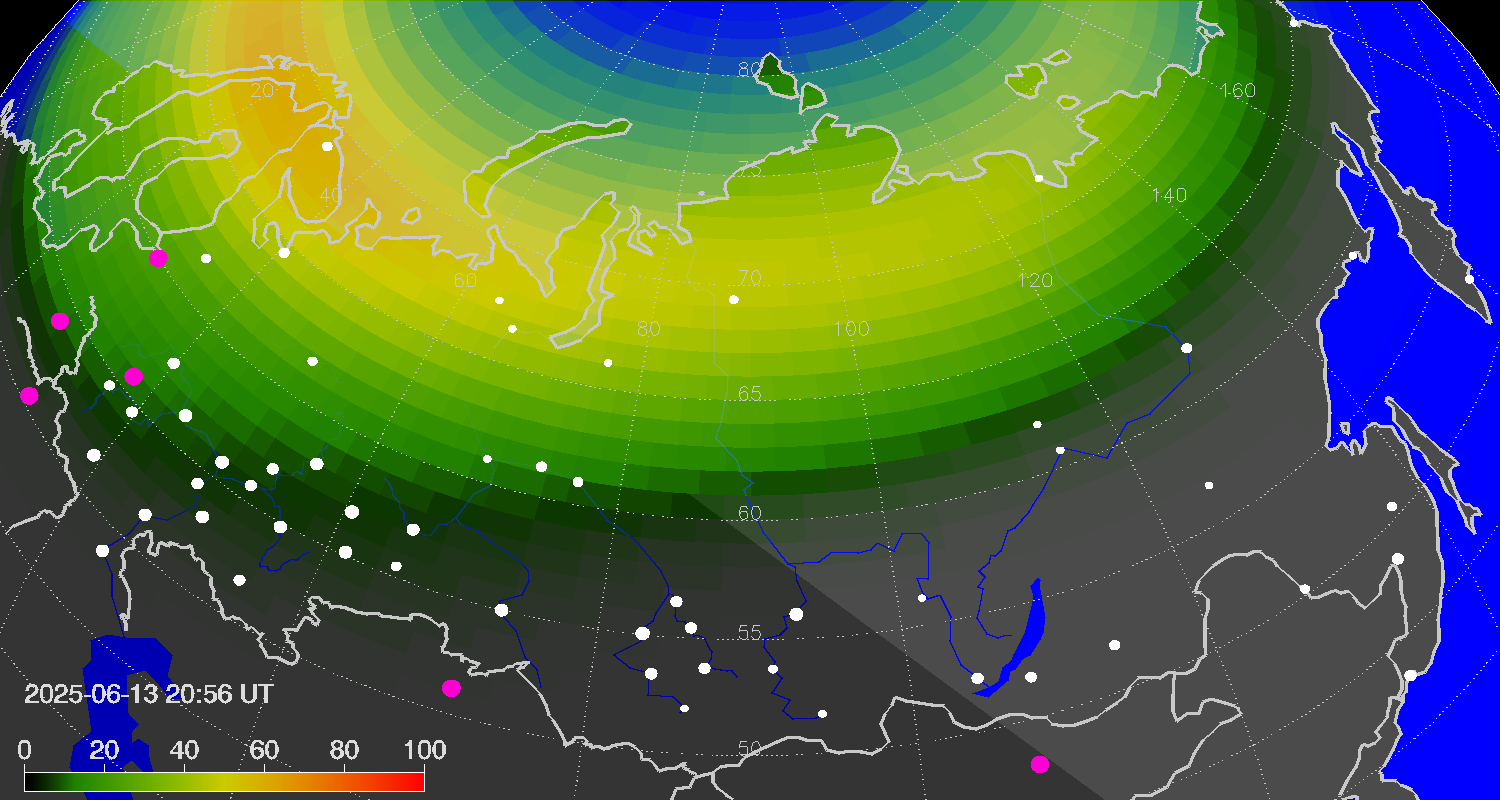 Northern lights (auroras) over Russian Federation