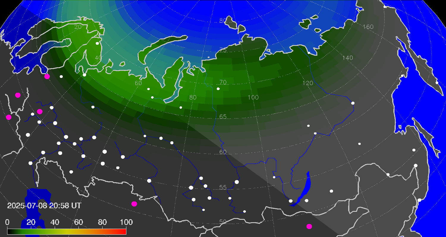 Northern lights (auroras) over Russian Federation