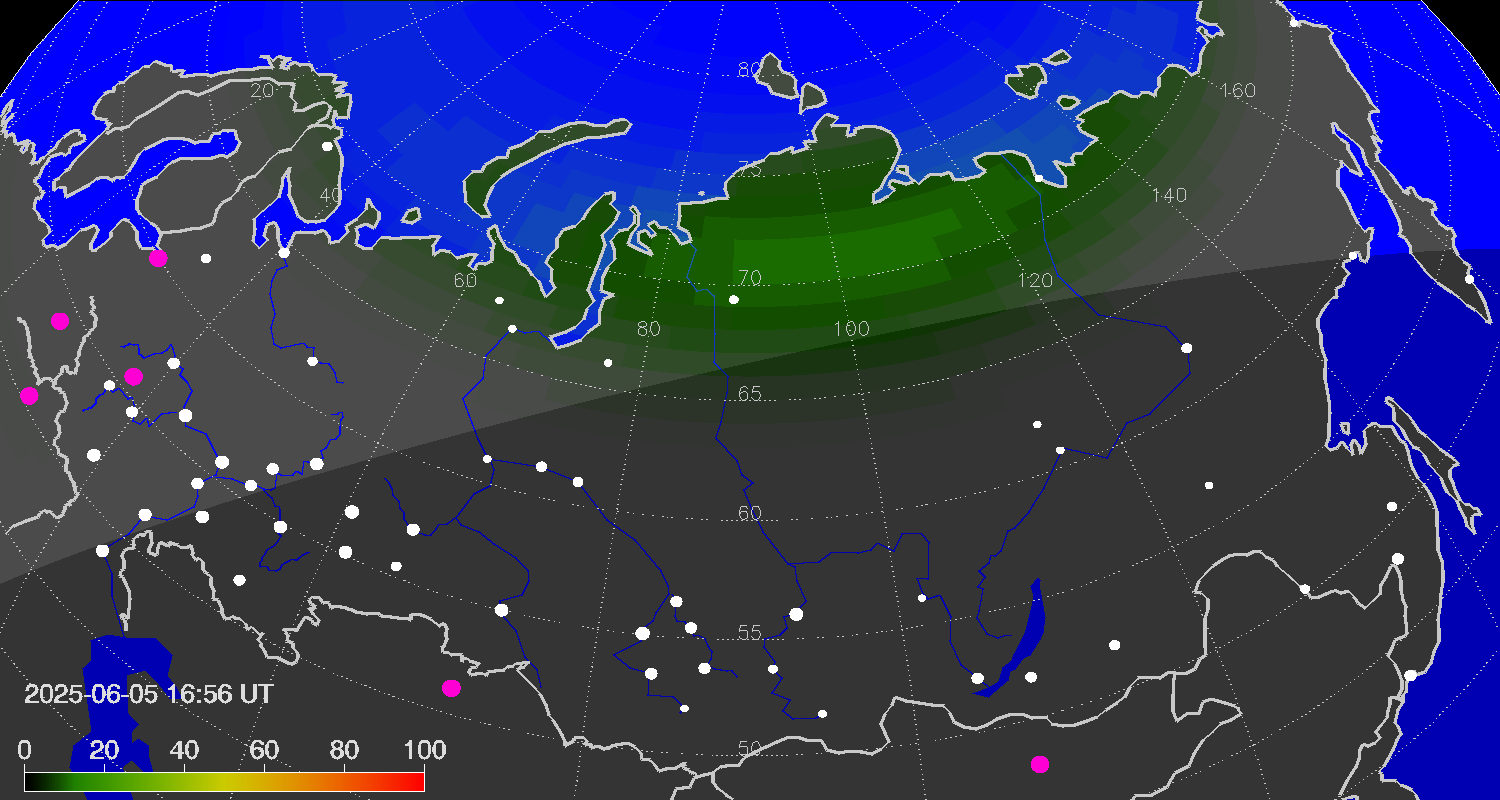 Northern lights (auroras) over Russian Federation