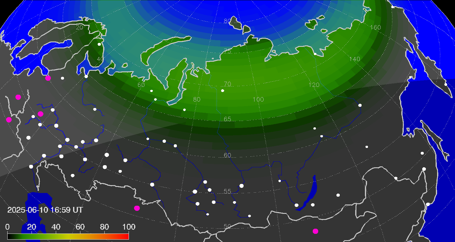Northern lights (auroras) over Russian Federation
