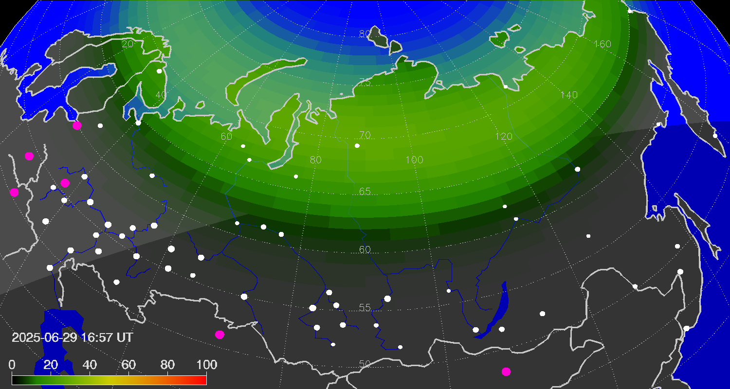 Northern lights (auroras) over Russian Federation