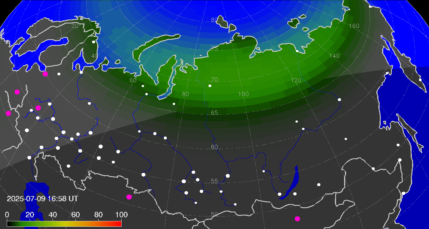 Northern lights (auroras) over Russian Federation