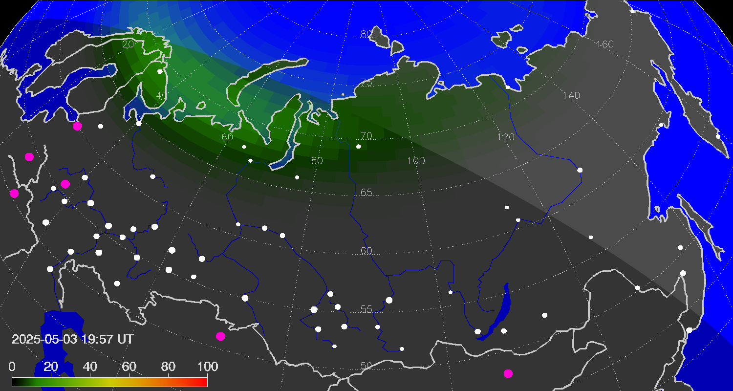 Northern lights (auroras) over Russian Federation