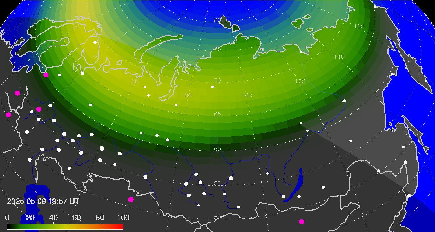 Northern lights (auroras) over Russian Federation