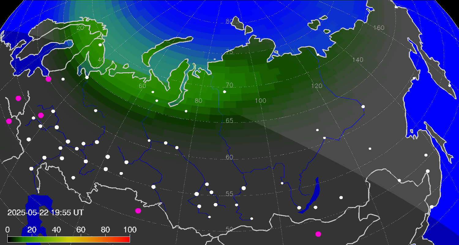 Northern lights (auroras) over Russian Federation