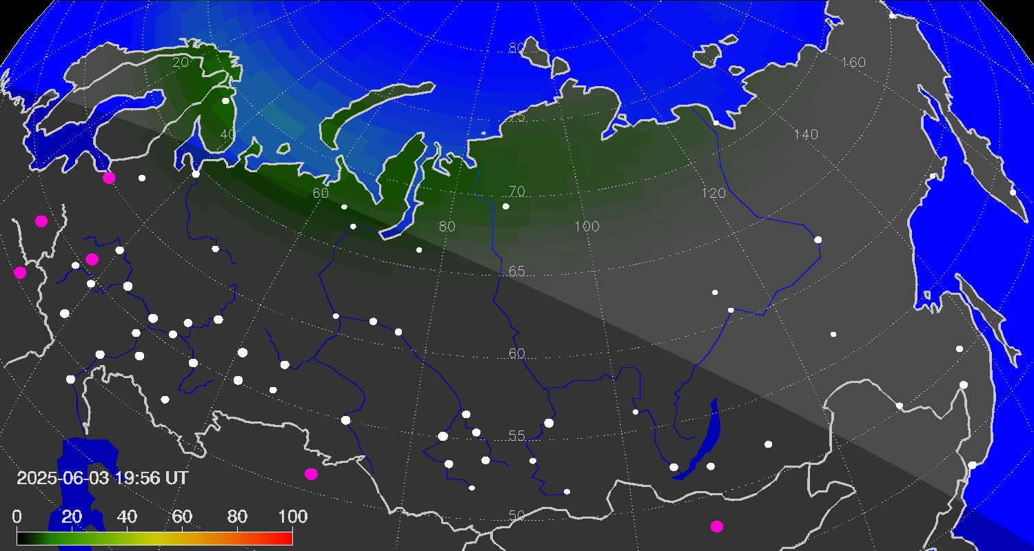 Northern lights (auroras) over Russian Federation