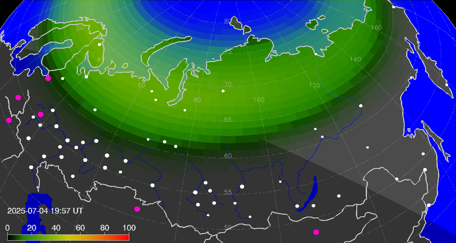 Northern lights (auroras) over Russian Federation