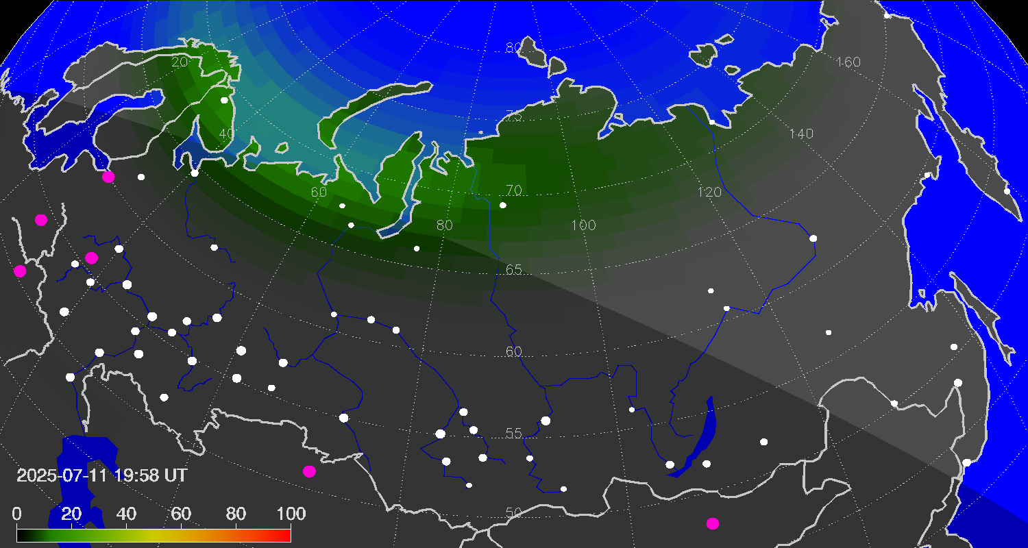 Northern lights (auroras) over Russian Federation