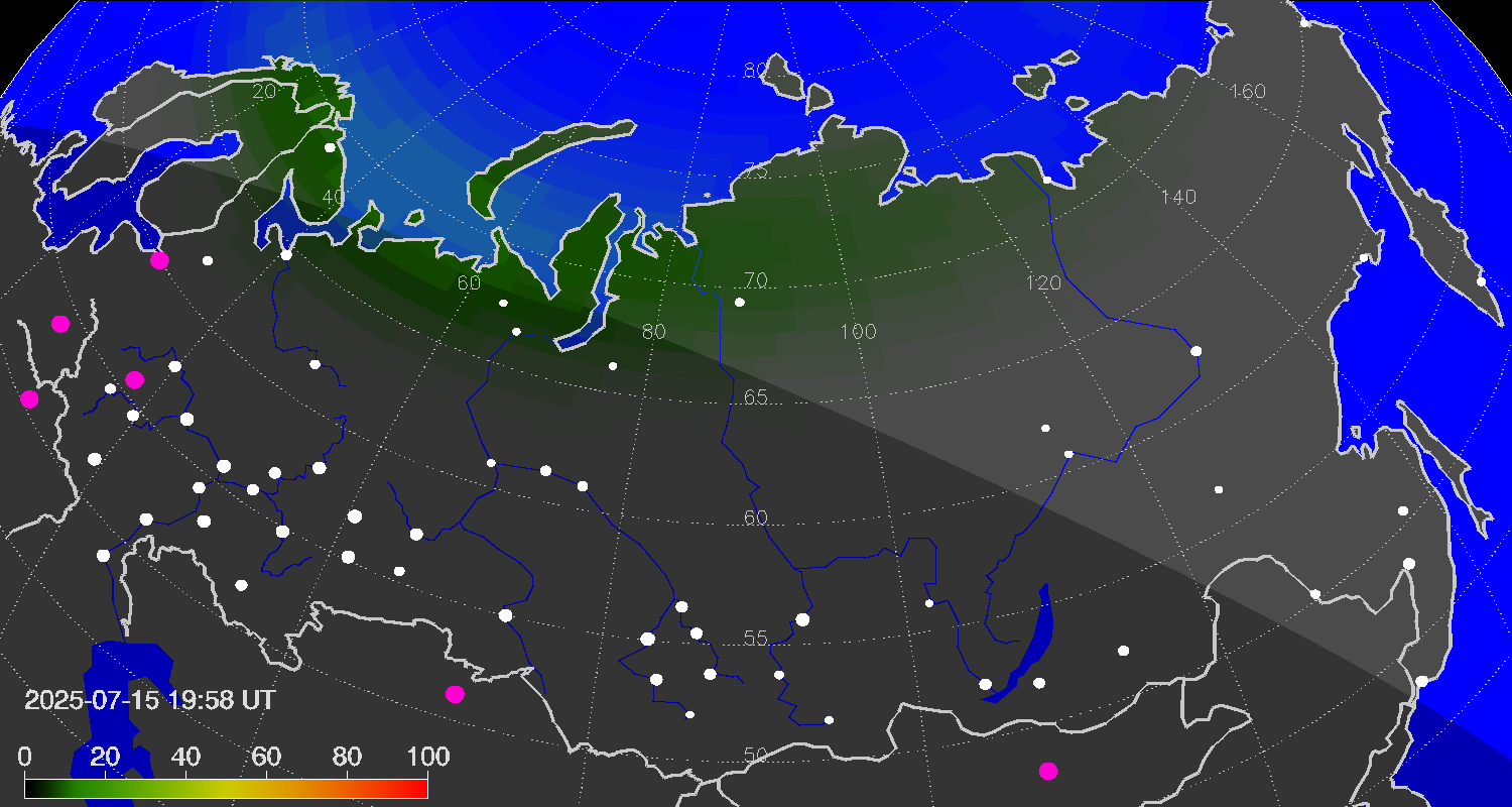 Northern lights (auroras) over Russian Federation