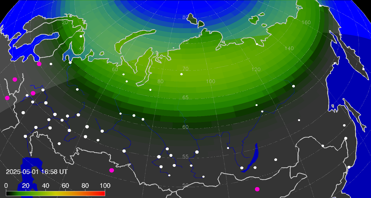 Northern lights (auroras) over Russian Federation