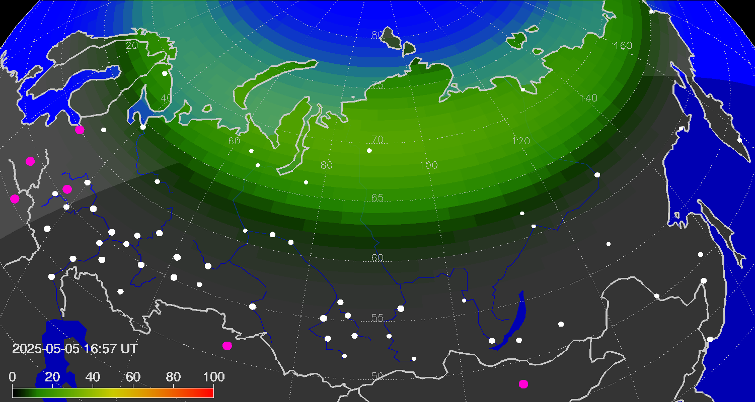 Northern lights (auroras) over Russian Federation