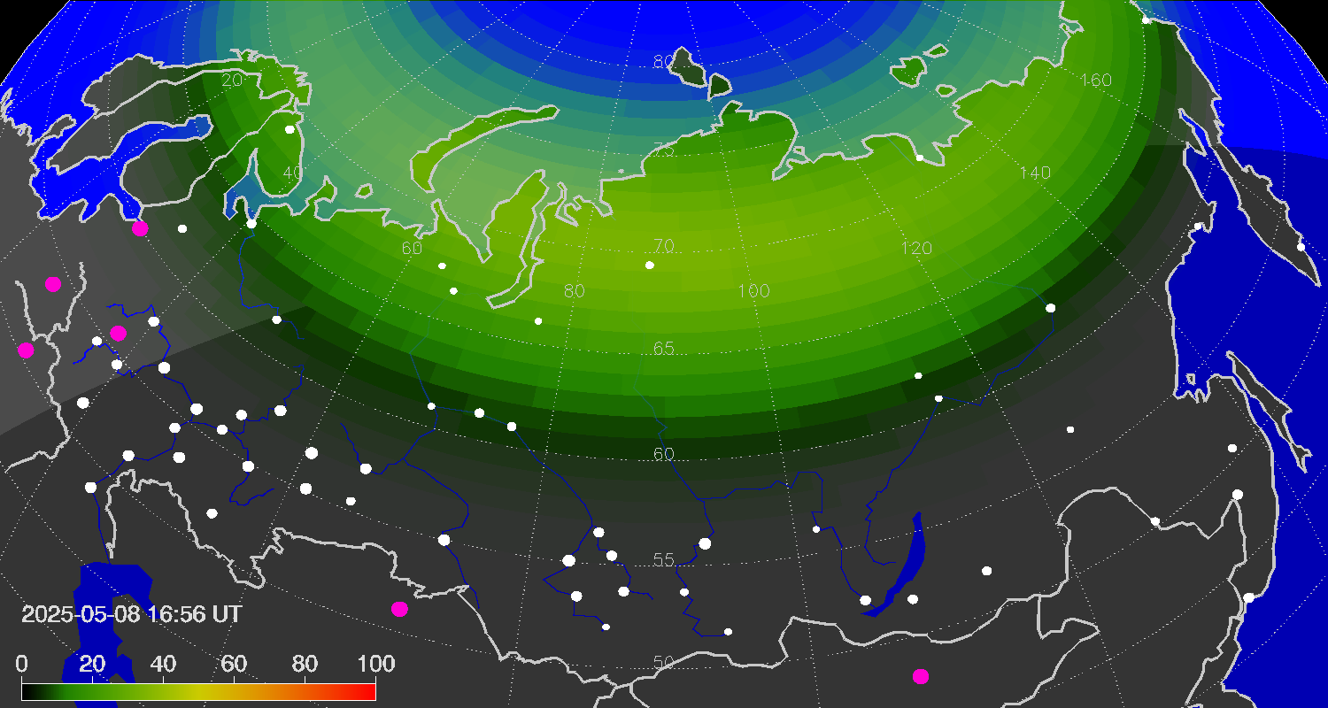 Northern lights (auroras) over Russian Federation