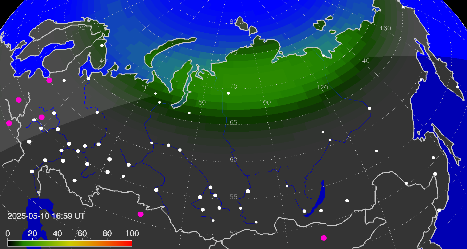 Northern lights (auroras) over Russian Federation