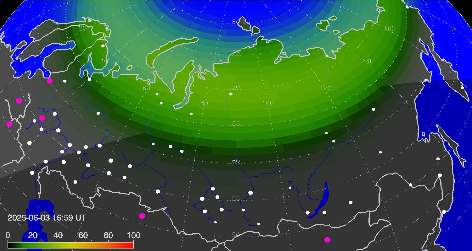 Northern lights (auroras) over Russian Federation