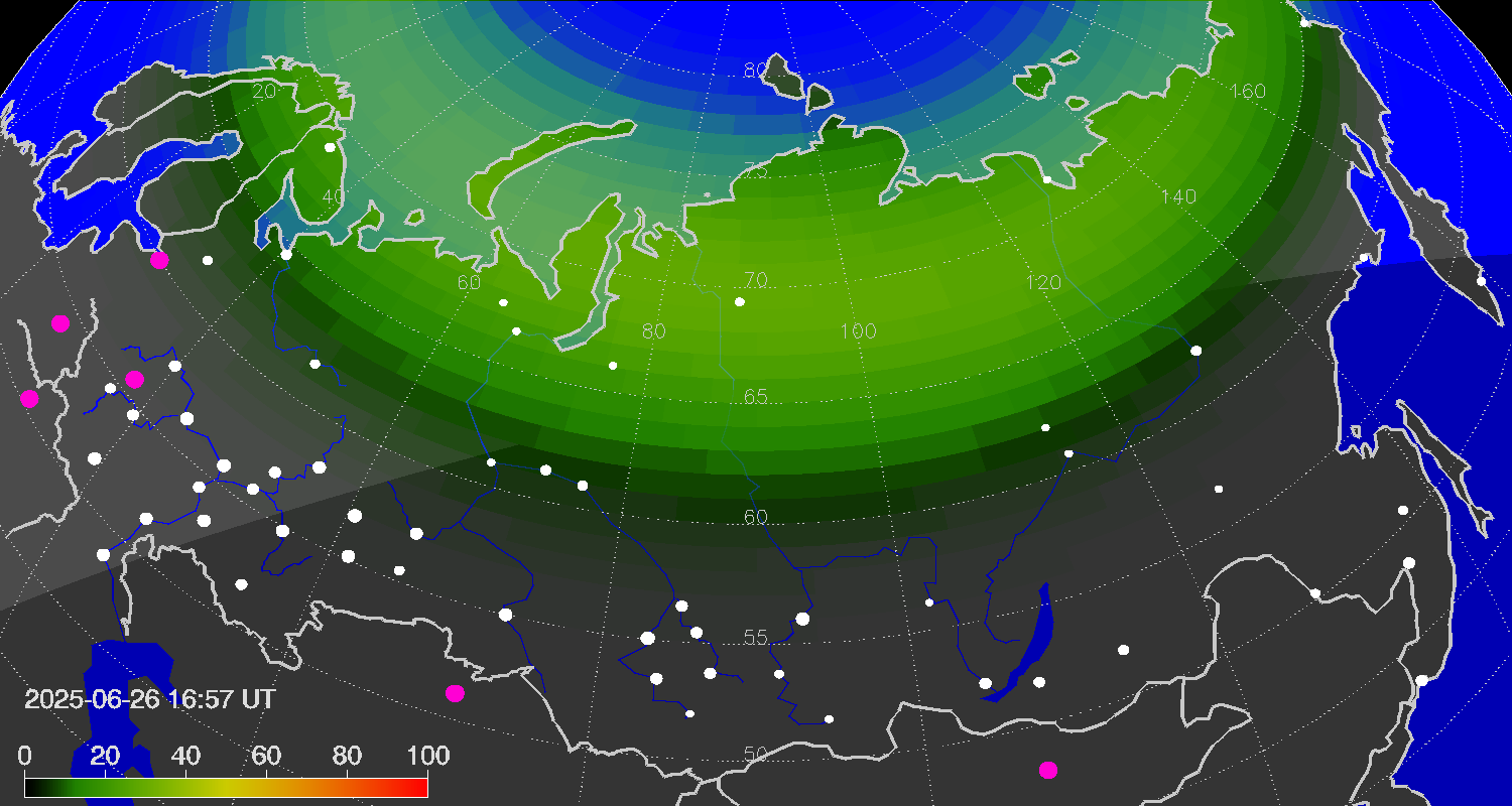 Northern lights (auroras) over Russian Federation