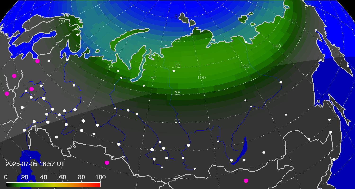 Northern lights (auroras) over Russian Federation