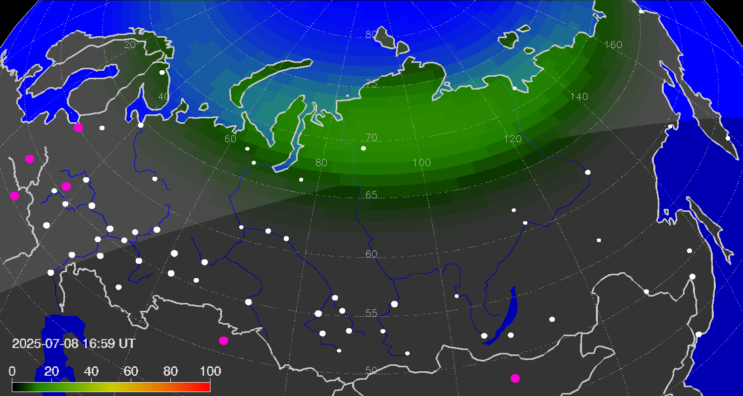 Northern lights (auroras) over Russian Federation
