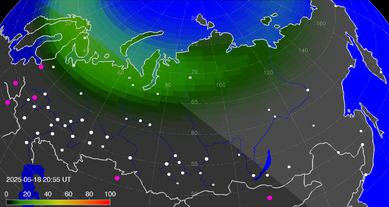 Northern lights (auroras) over Russian Federation