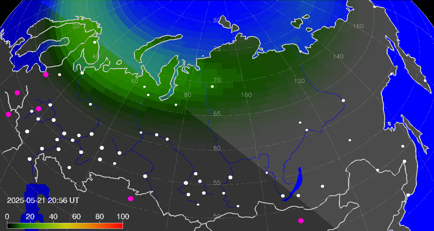 Northern lights (auroras) over Russian Federation