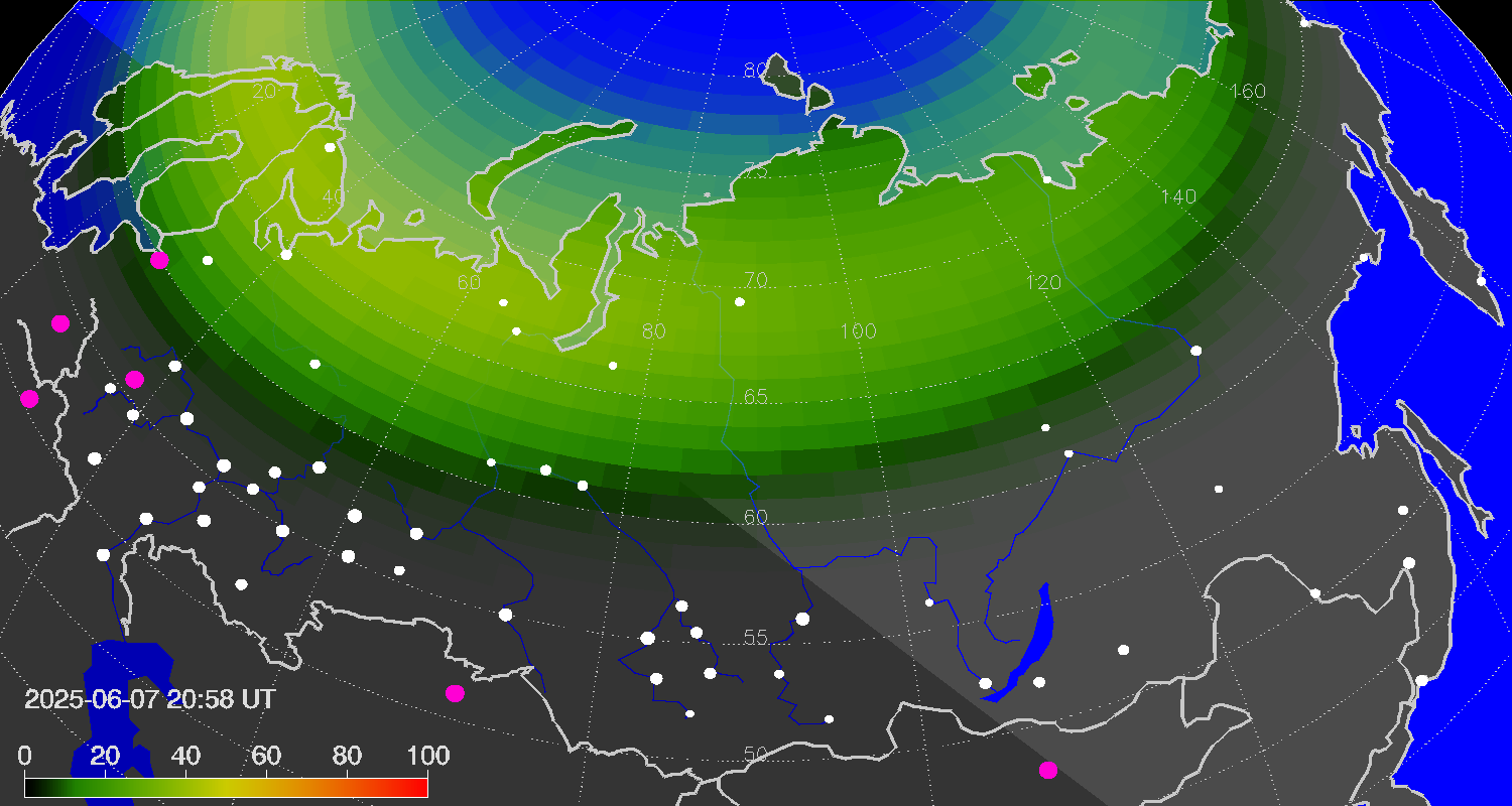 Northern lights (auroras) over Russian Federation