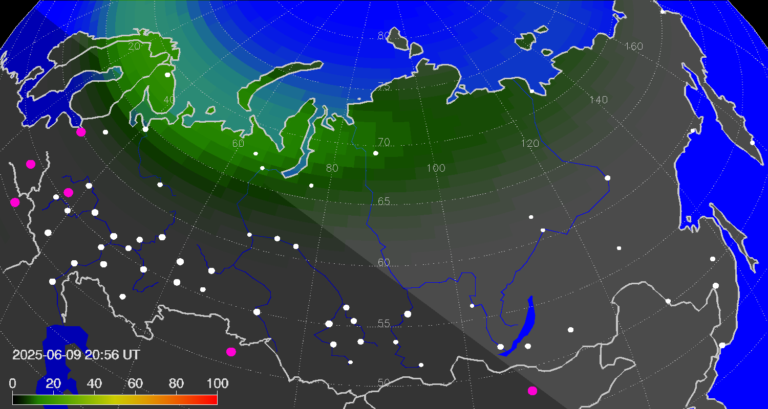 Northern lights (auroras) over Russian Federation