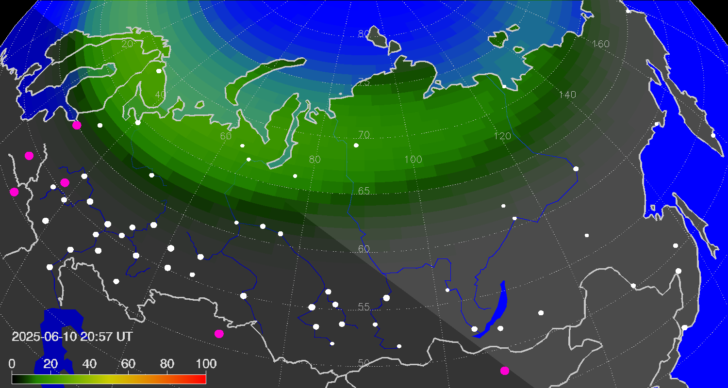 Northern lights (auroras) over Russian Federation