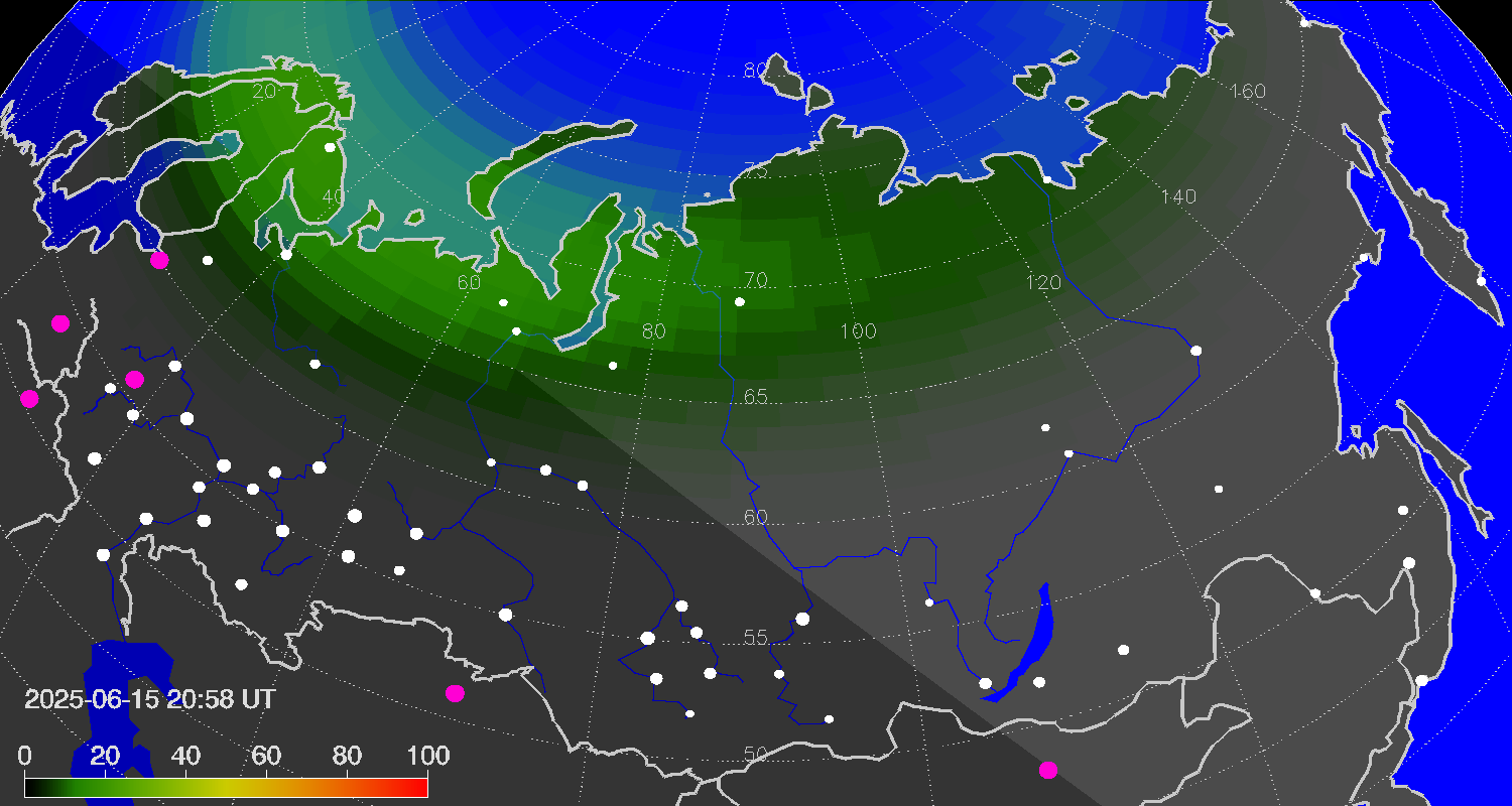 Northern lights (auroras) over Russian Federation