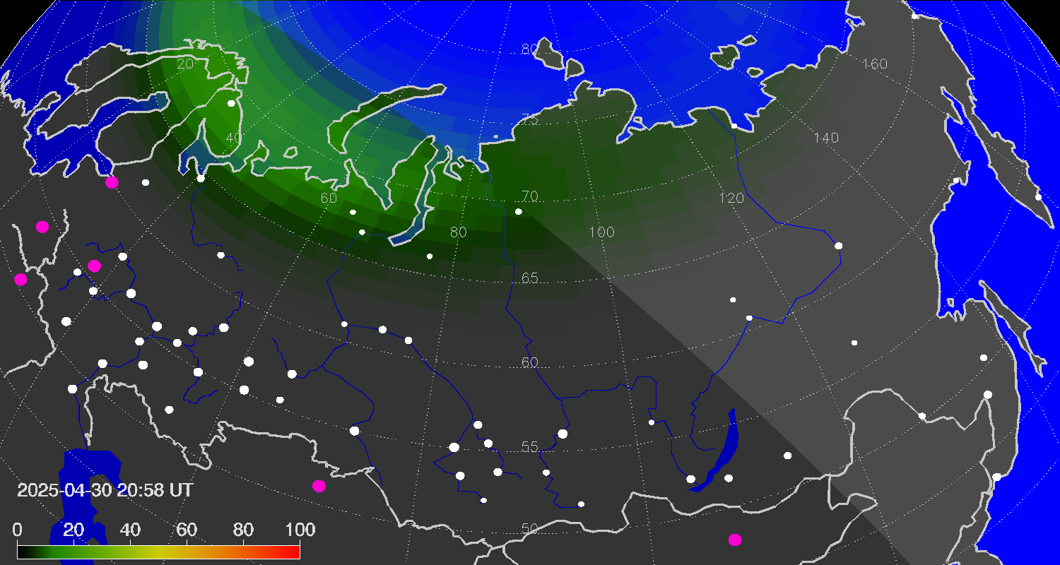 Northern lights (auroras) over Russian Federation