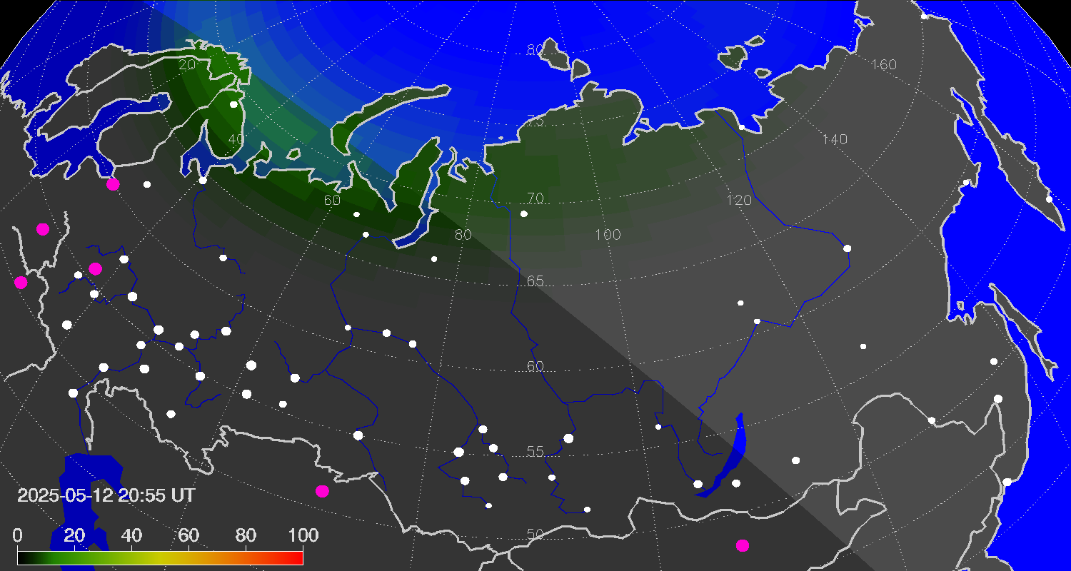 Northern lights (auroras) over Russian Federation
