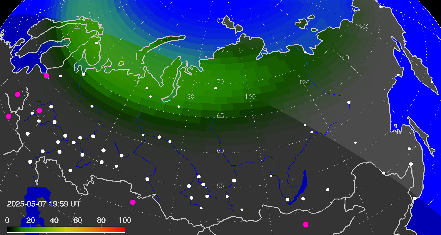 Northern lights (auroras) over Russian Federation