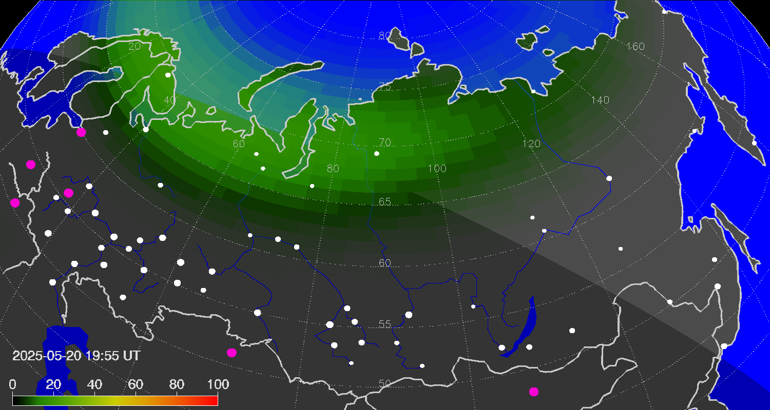 Northern lights (auroras) over Russian Federation