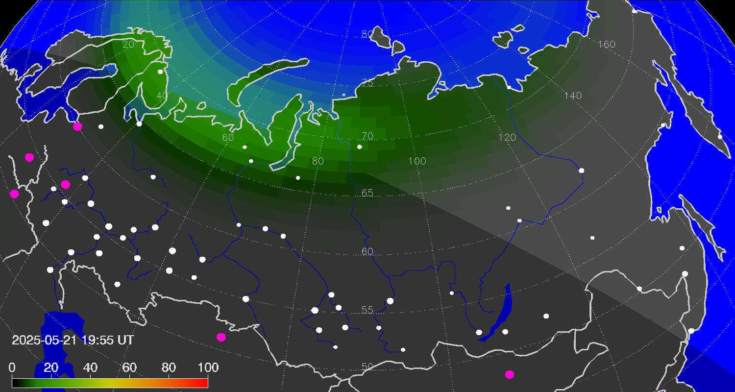 Northern lights (auroras) over Russian Federation