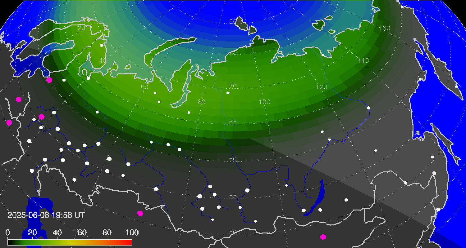 Northern lights (auroras) over Russian Federation