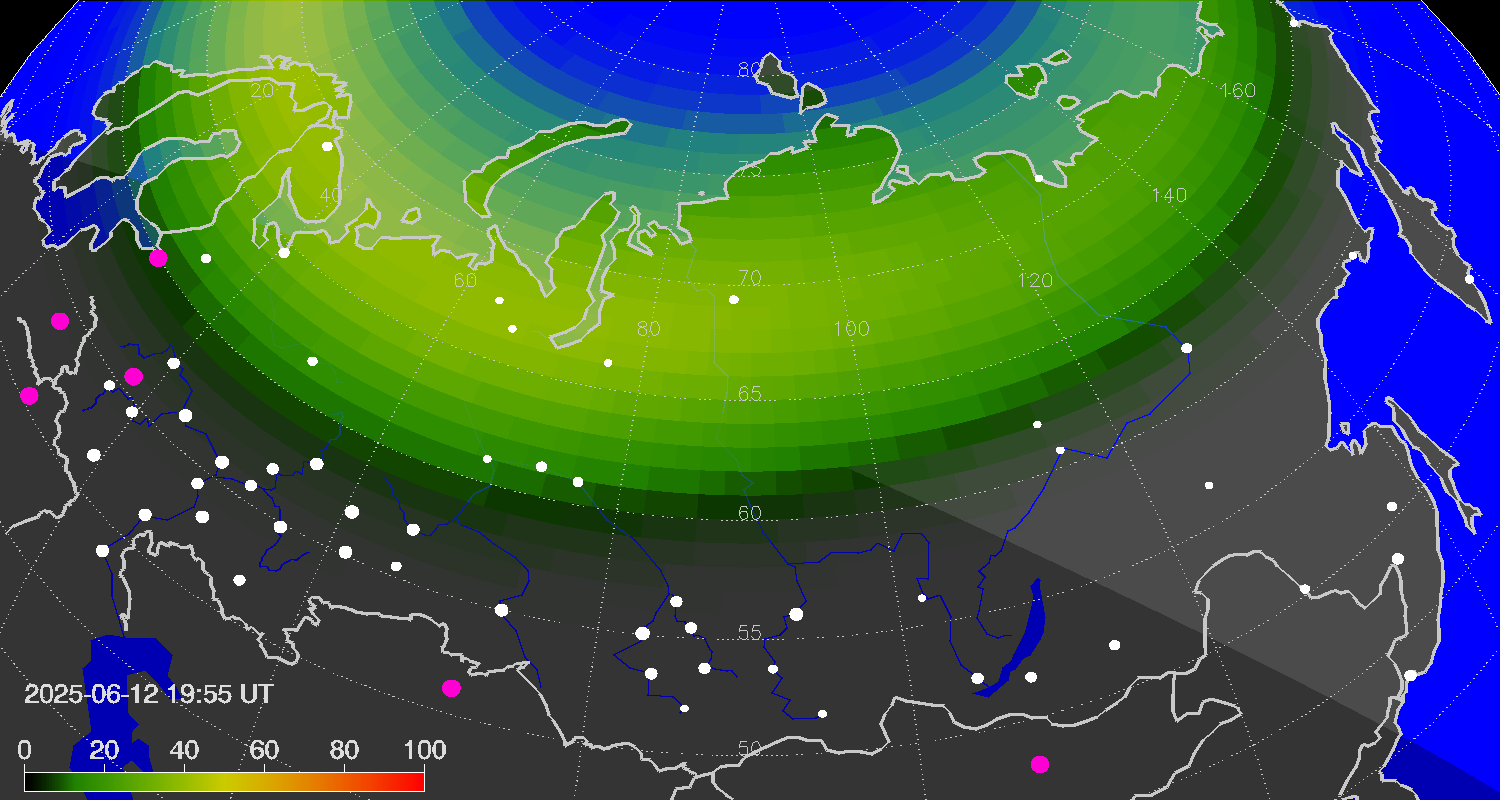 Northern lights (auroras) over Russian Federation