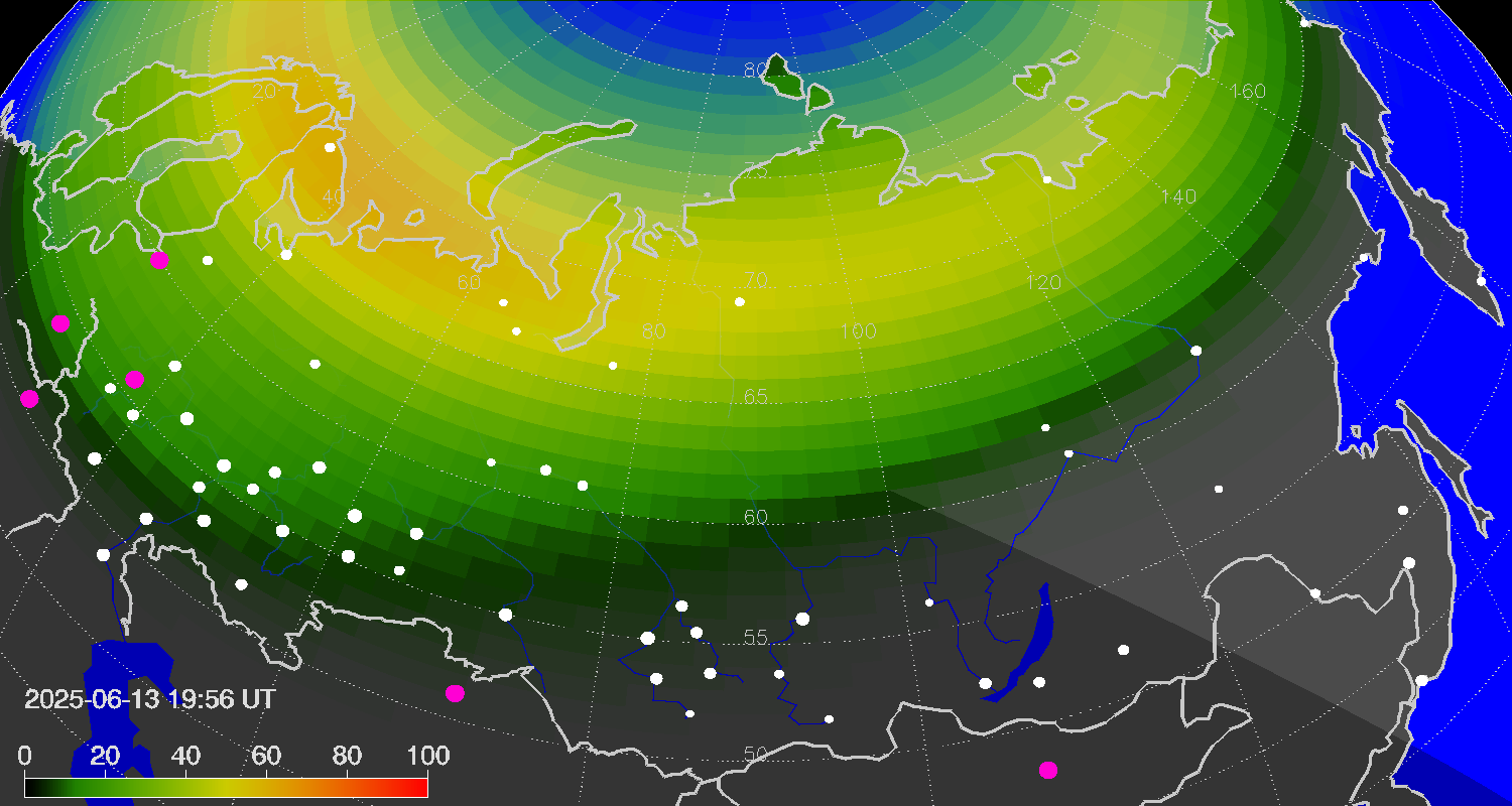 Northern lights (auroras) over Russian Federation
