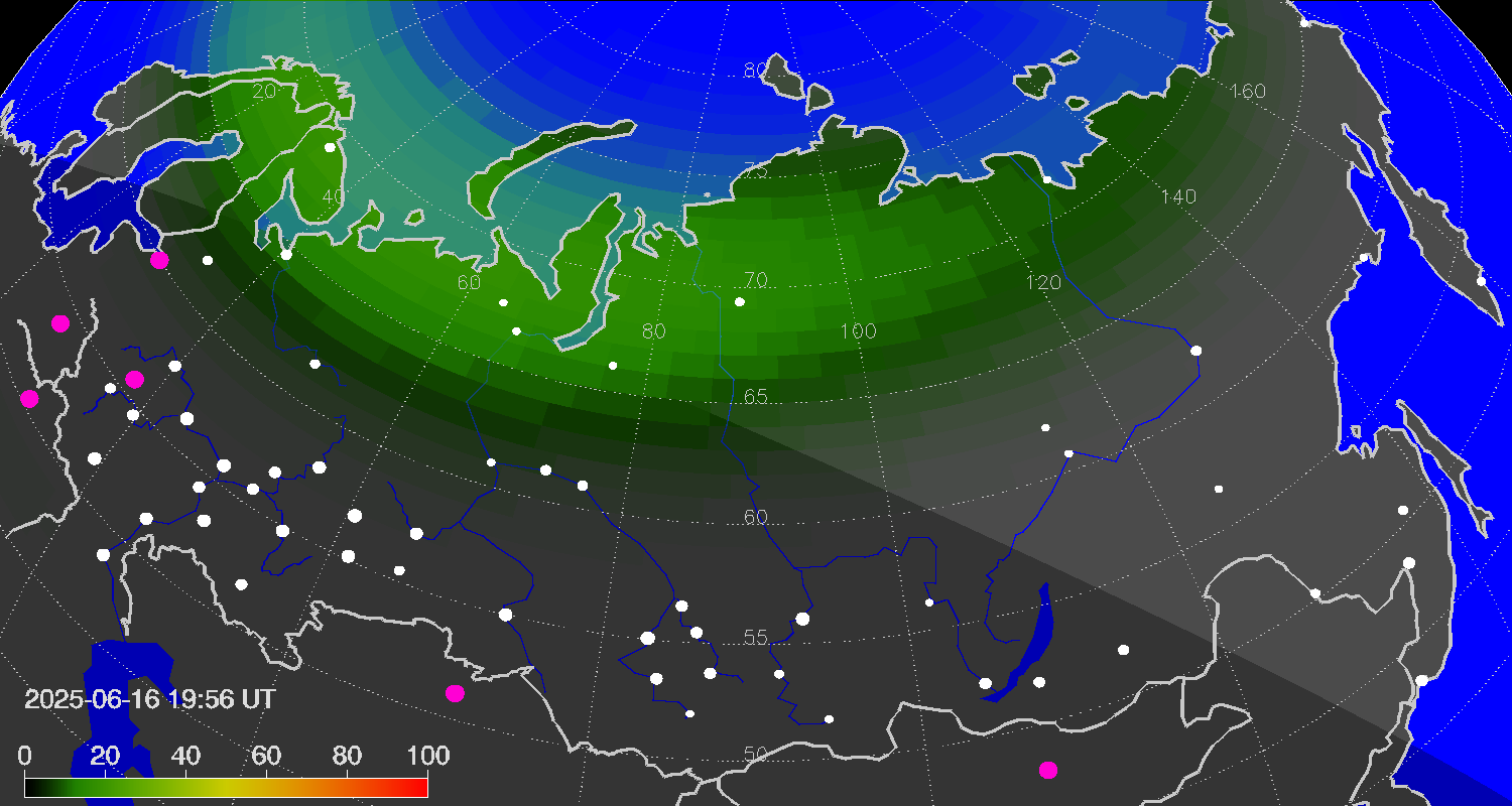 Northern lights (auroras) over Russian Federation
