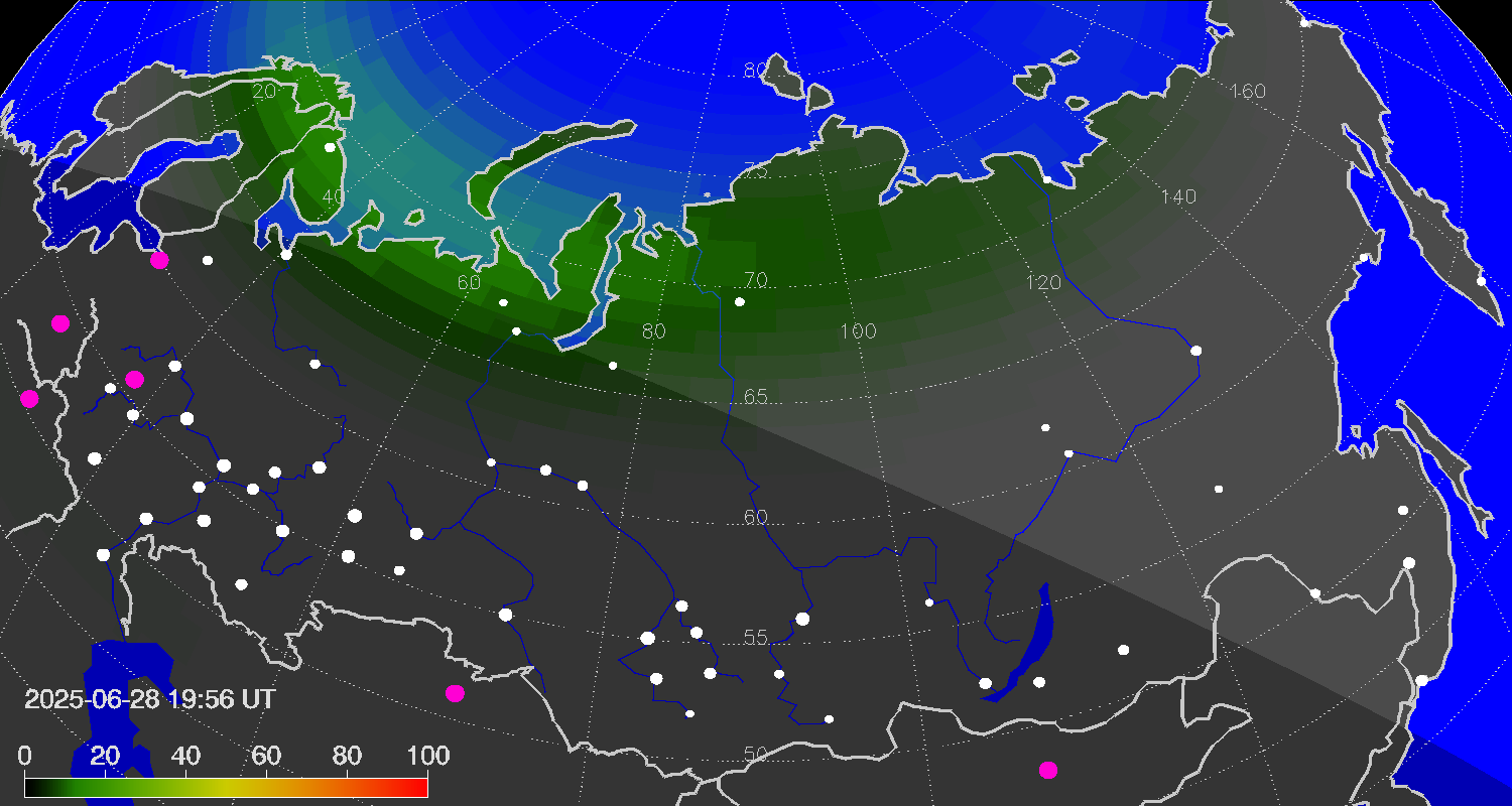 Northern lights (auroras) over Russian Federation