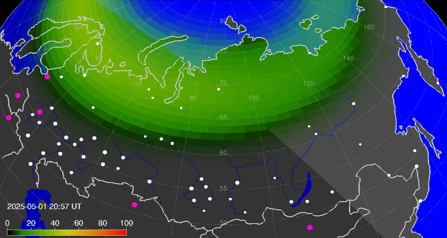 Northern lights (auroras) over Russian Federation