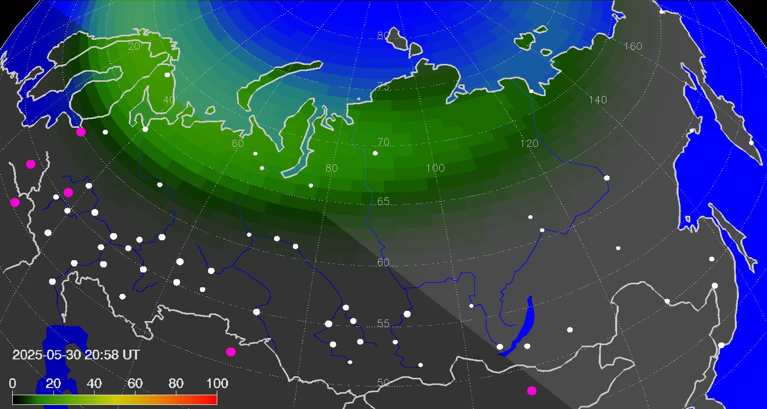 Northern lights (auroras) over Russian Federation