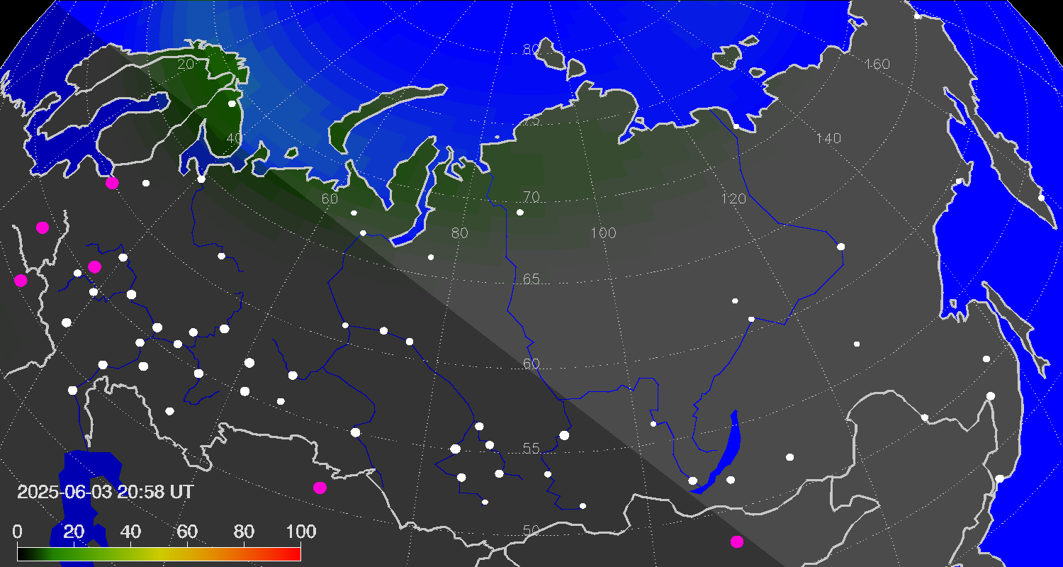Northern lights (auroras) over Russian Federation