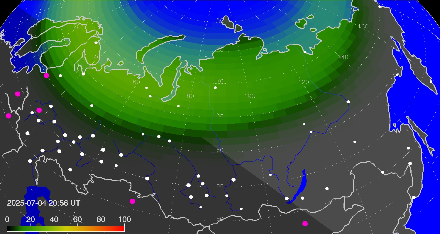 Northern lights (auroras) over Russian Federation