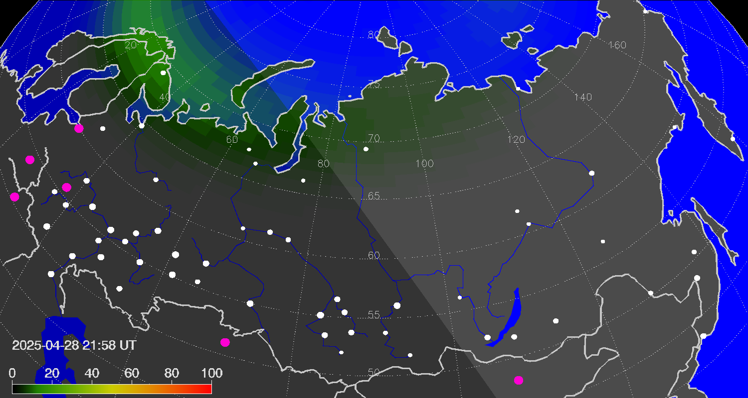 Northern lights (auroras) over Russian Federation