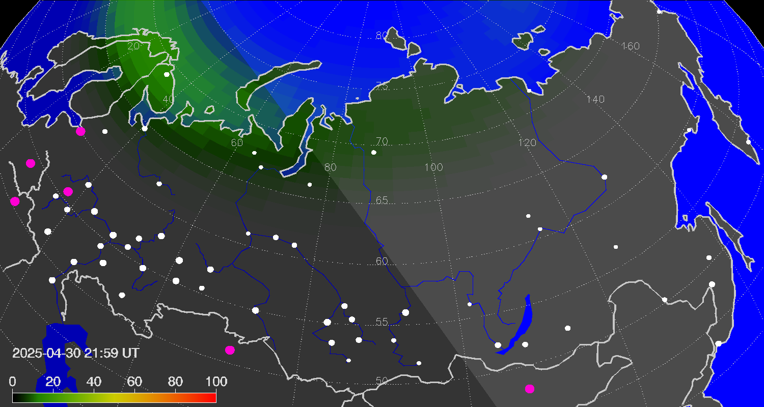 Northern lights (auroras) over Russian Federation