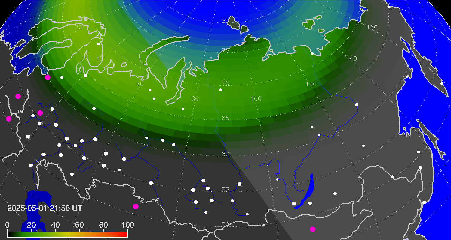 Northern lights (auroras) over Russian Federation