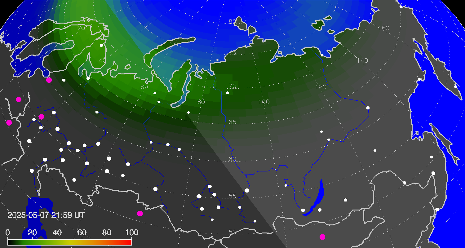 Northern lights (auroras) over Russian Federation