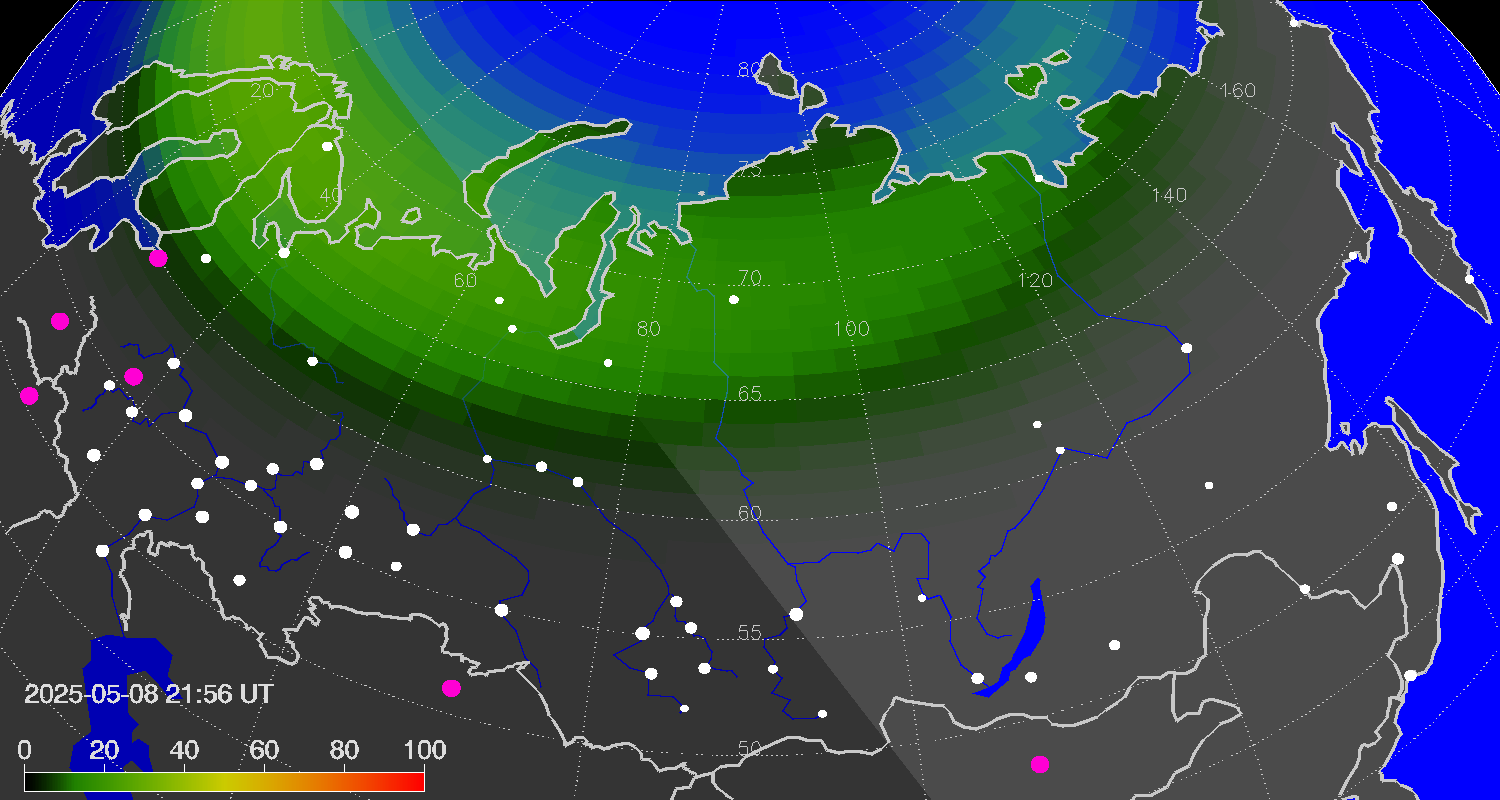 Northern lights (auroras) over Russian Federation