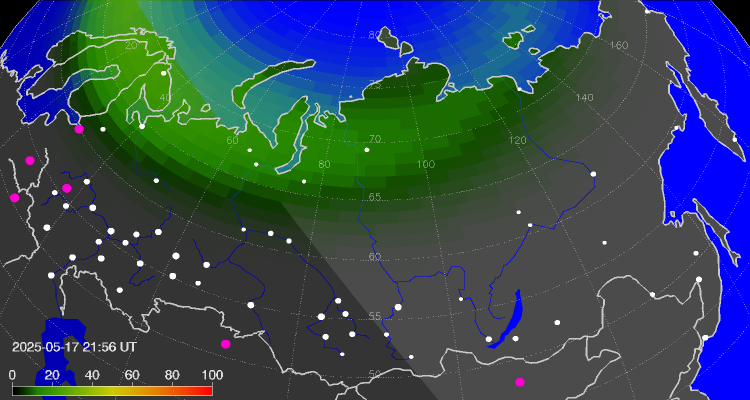 Northern lights (auroras) over Russian Federation