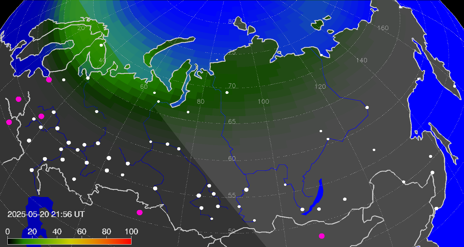 Northern lights (auroras) over Russian Federation