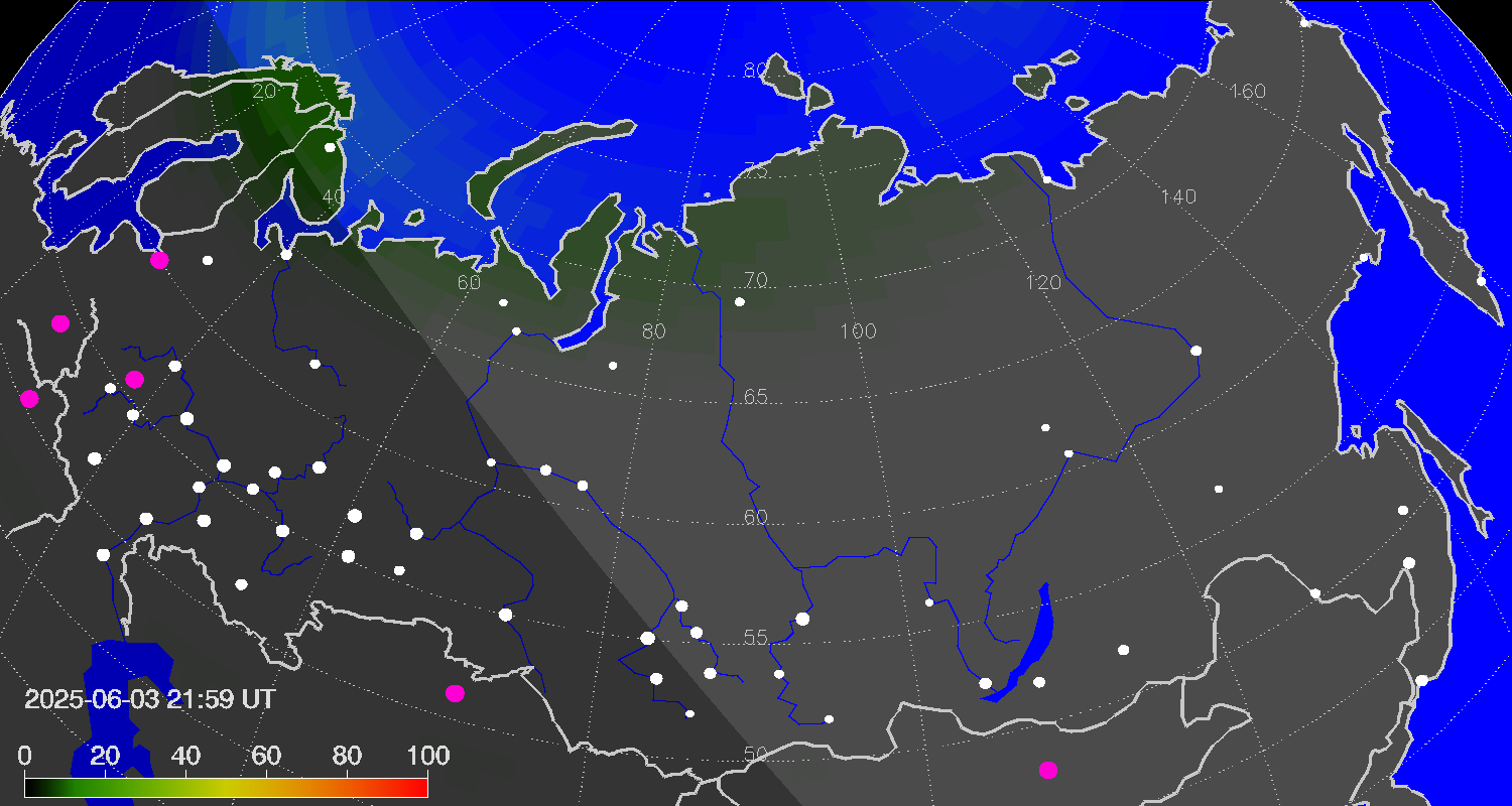 Northern lights (auroras) over Russian Federation