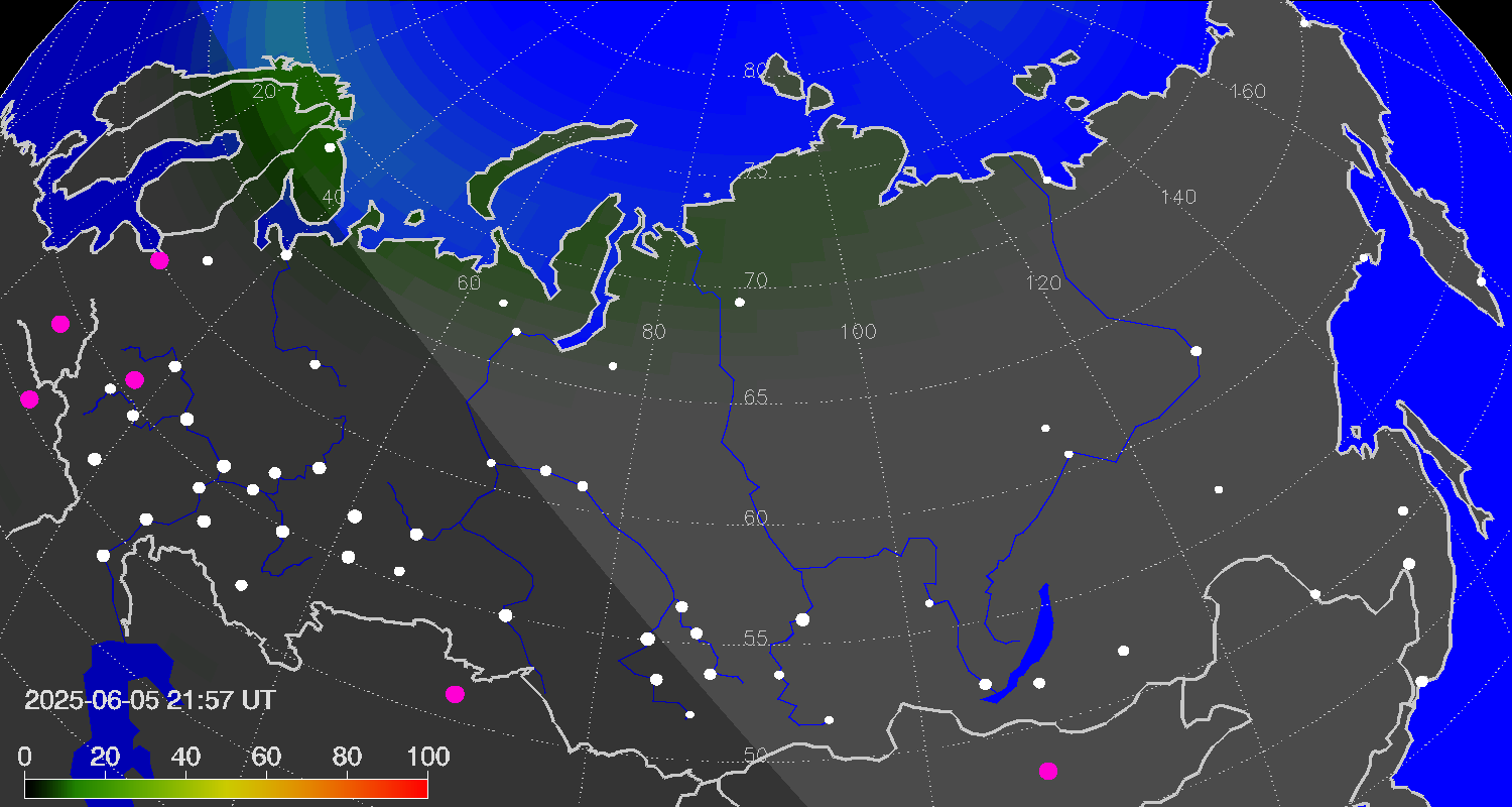Northern lights (auroras) over Russian Federation
